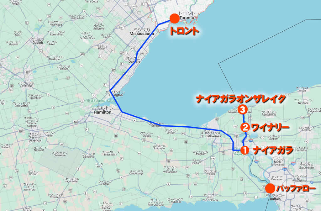 トロントからナイアガラの滝までの地図